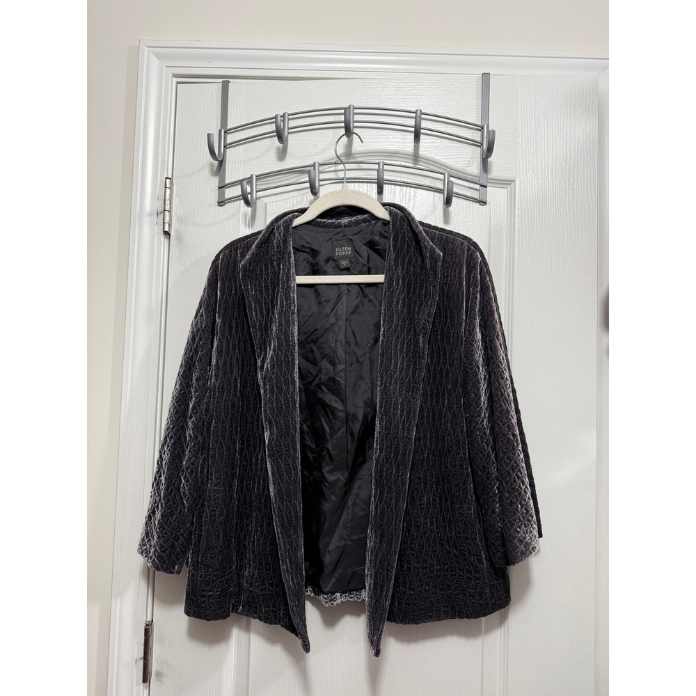 Eileen Fisher Velvet Lattice Jacket Blazer Womens M Gray Open Front Quiet Luxury